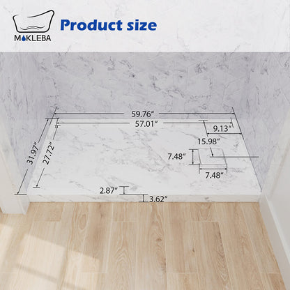 dimensions of 60x32 inch acrylic shower base with right drain design