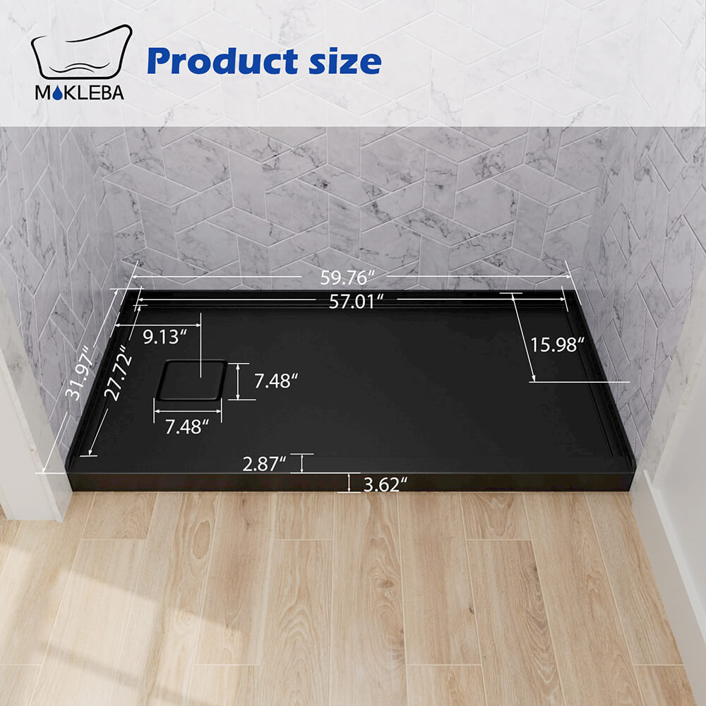dimensions of 60x32 inch black acrylic shower pan left drain