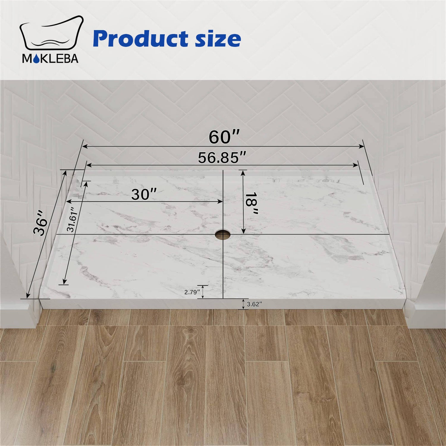 dimensions of 60x36 inch marble shower base with center drainage