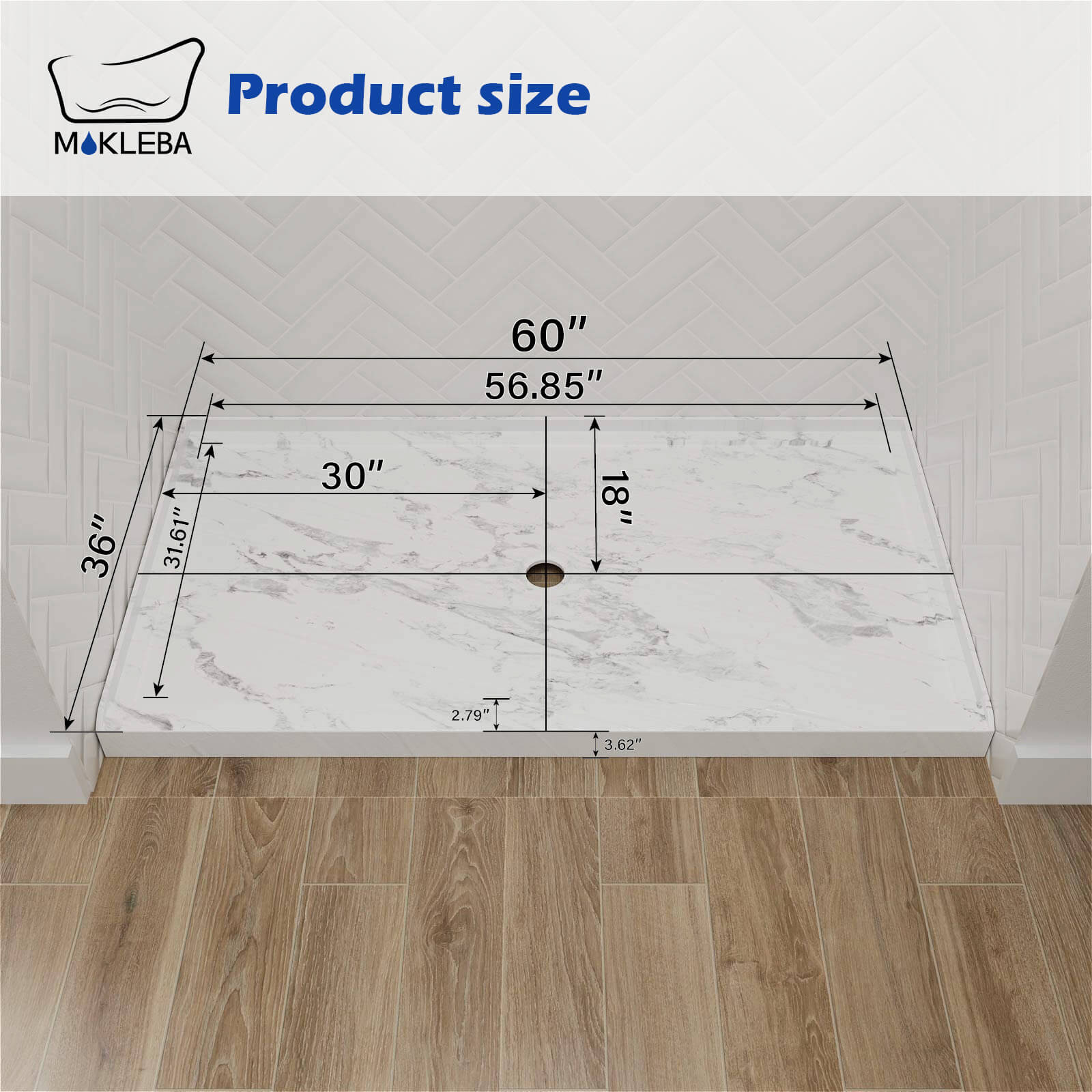 dimensions of 60x36 inch marble shower base with center drainage