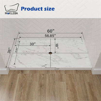 dimensions of 60x36 inch marble shower base with center drainage