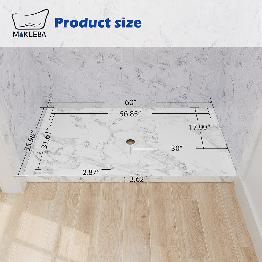dimensions of 60x36 inch single threshold shower base with marble pattern