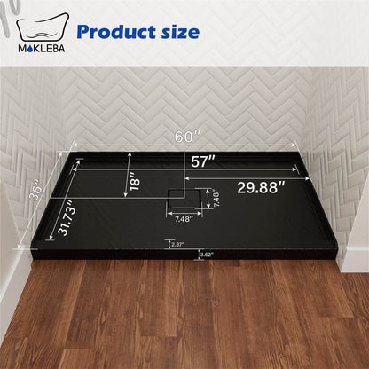 dimensions of Modern black 60x36 shower pan with center drainage layout