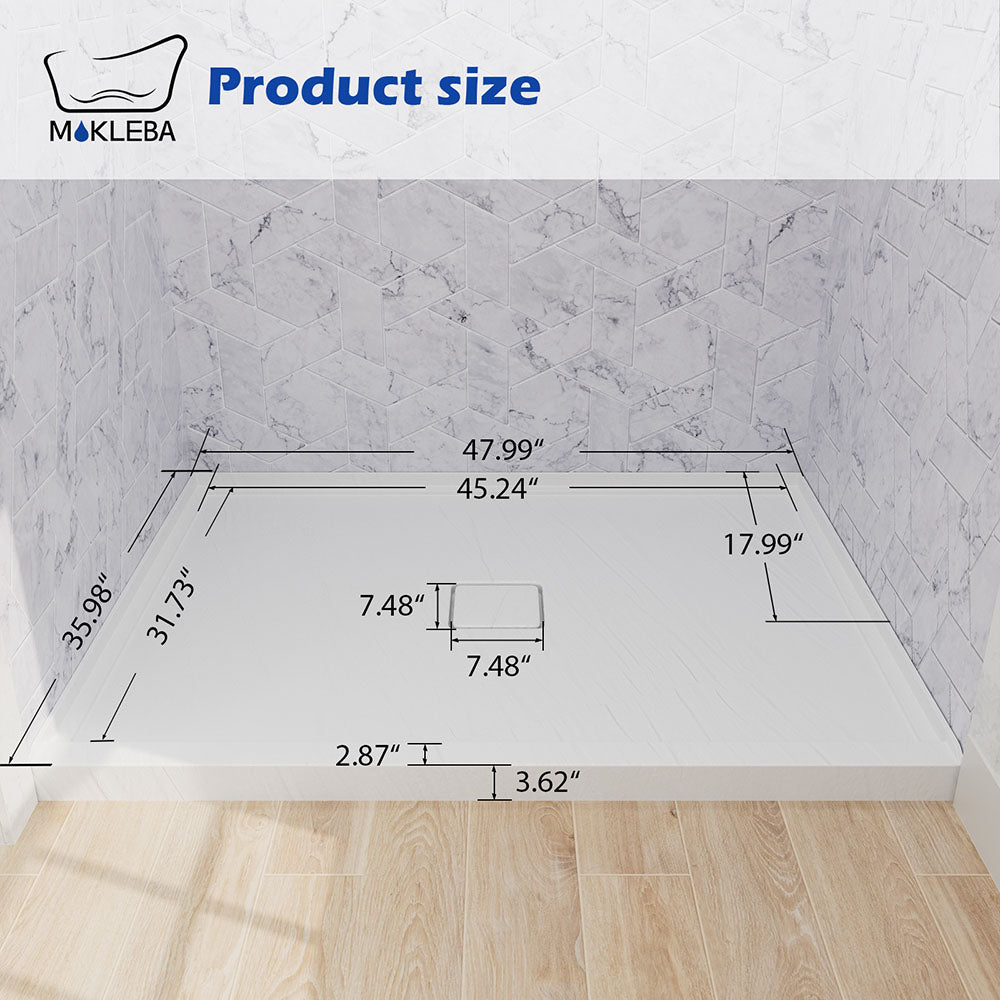 dimensions of white acrylic 48x36 shower base with centered square shower drain