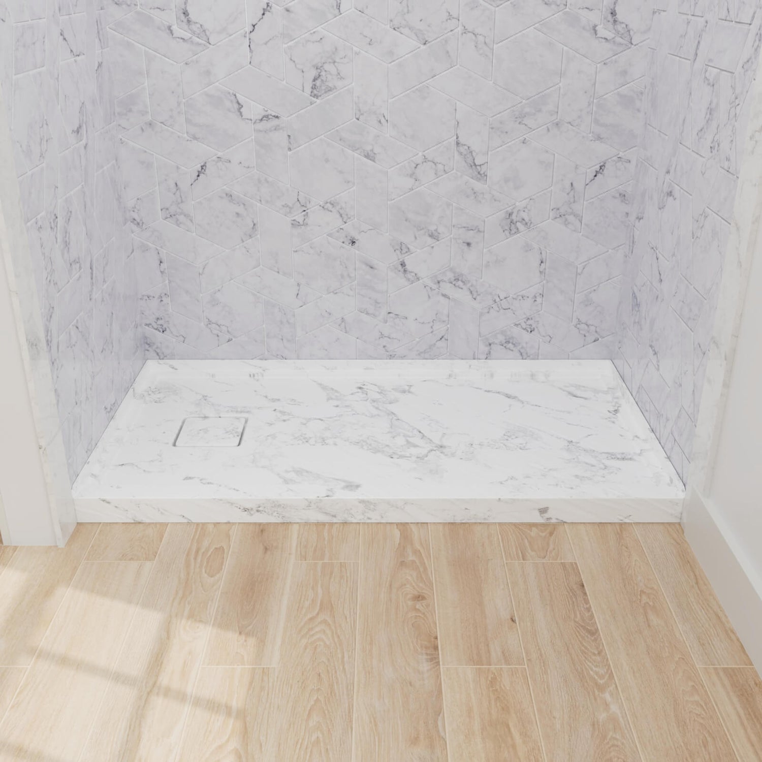 durable shower pan with left side drain and modern marble pattern finish