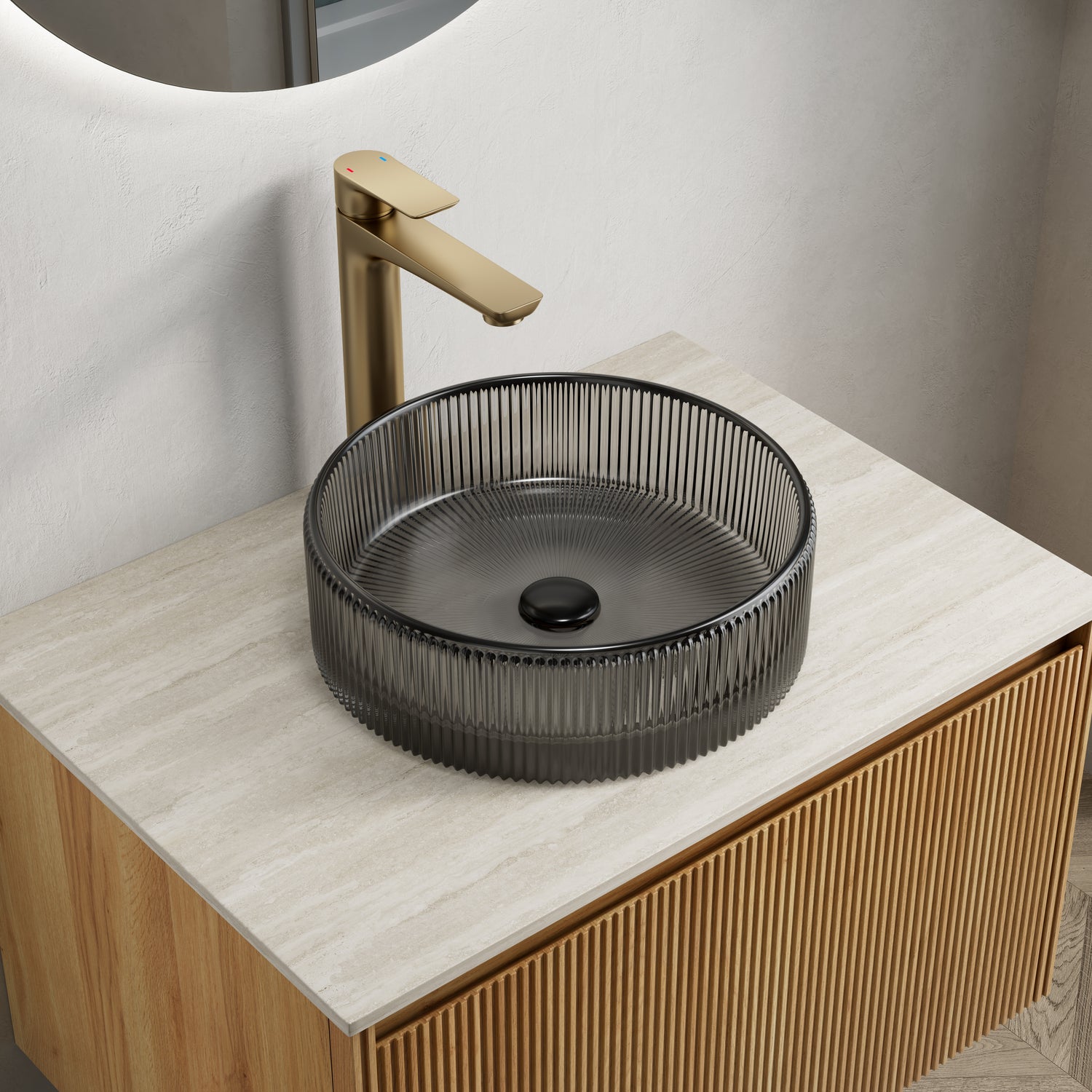 Round Transparent Black Crystal Glass Above-Counter Vessel Sink interior radial ribs above-counter vessel design