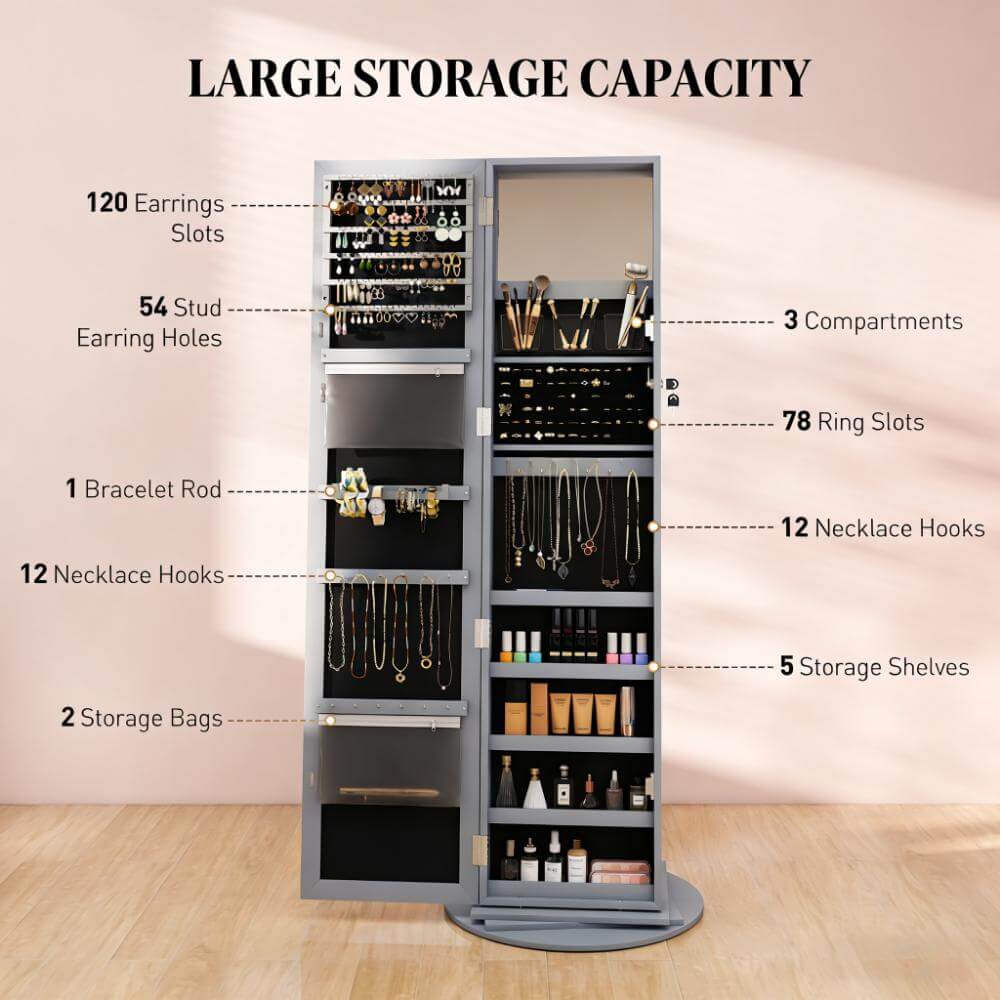 Lockable 360° Gray Swivel Full-Length Jewelry Cabinet Mirror with Storage Shelves
