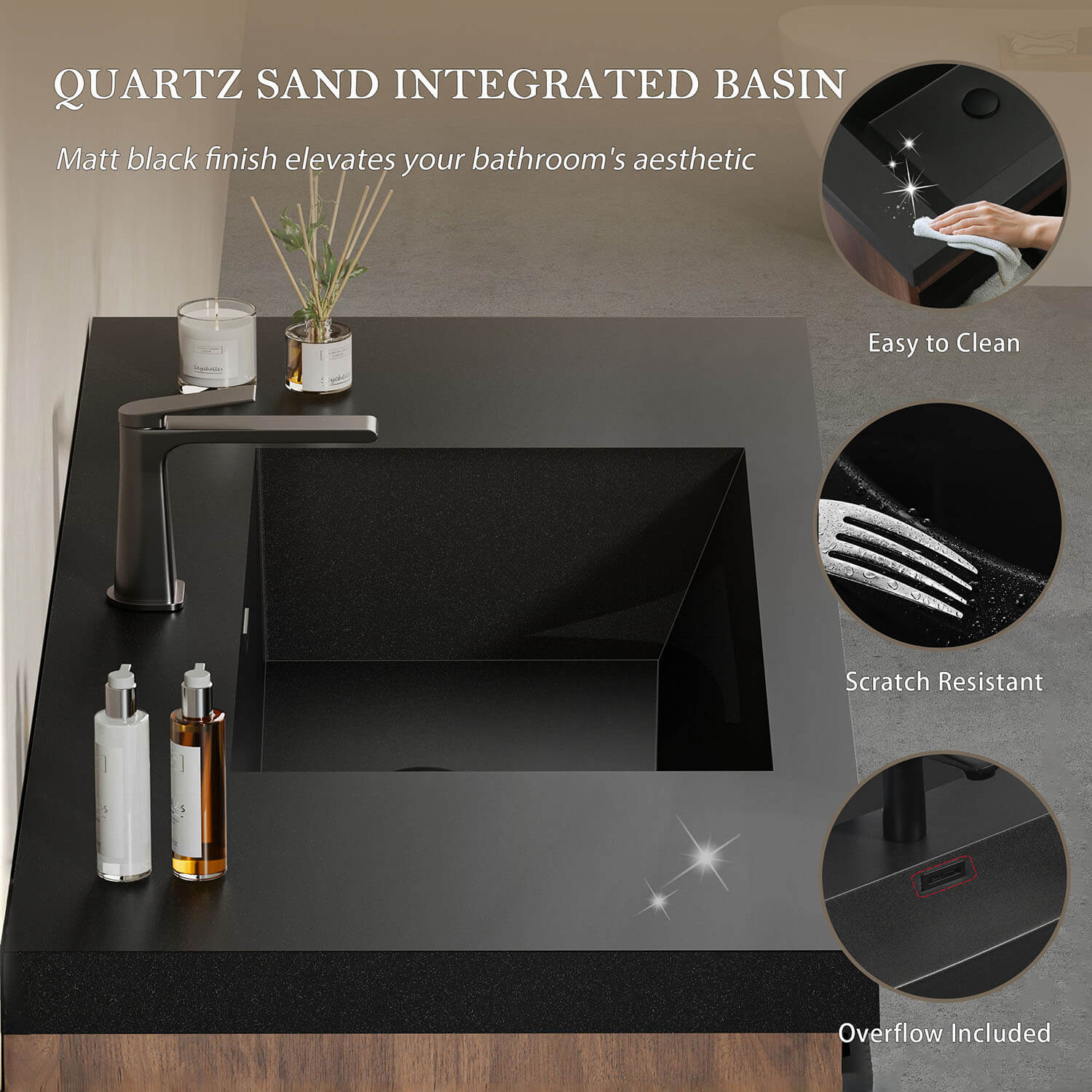 easy maintenance quartz sand sink for modern floating bathroom vanity