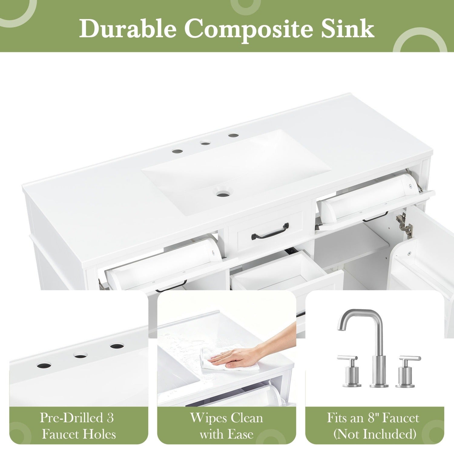 easy to clean durable composite sink top for 48 inch vanity with pre drilled holes