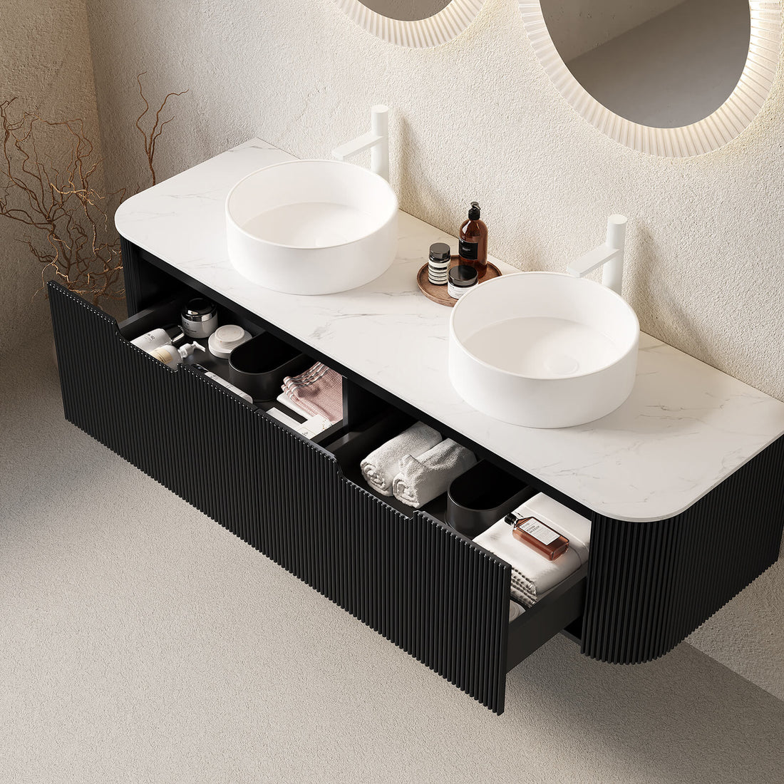 elegant bathroom vanity with curved edge detailing