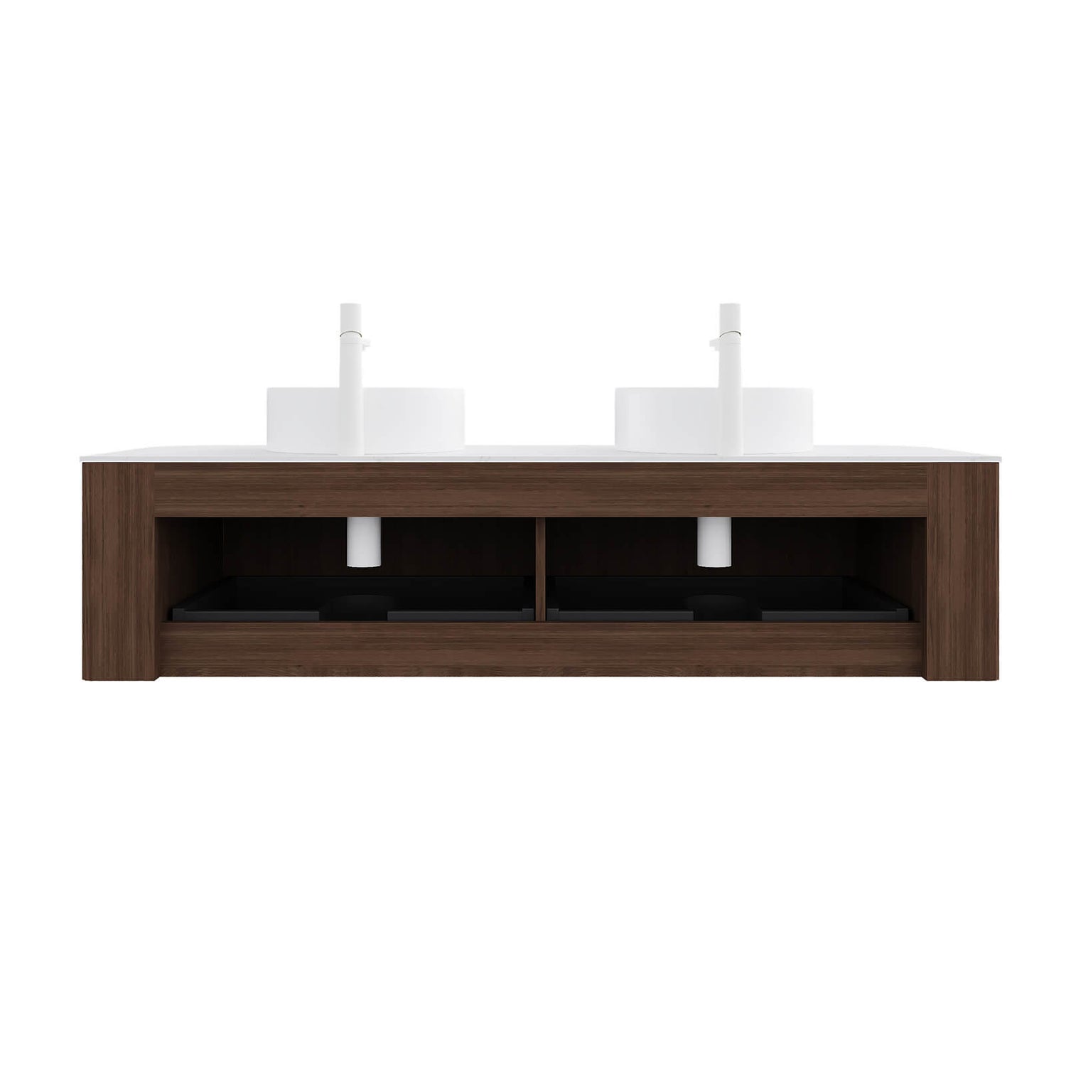 elegant floating vanity in walnut with ceramic vessel sinks