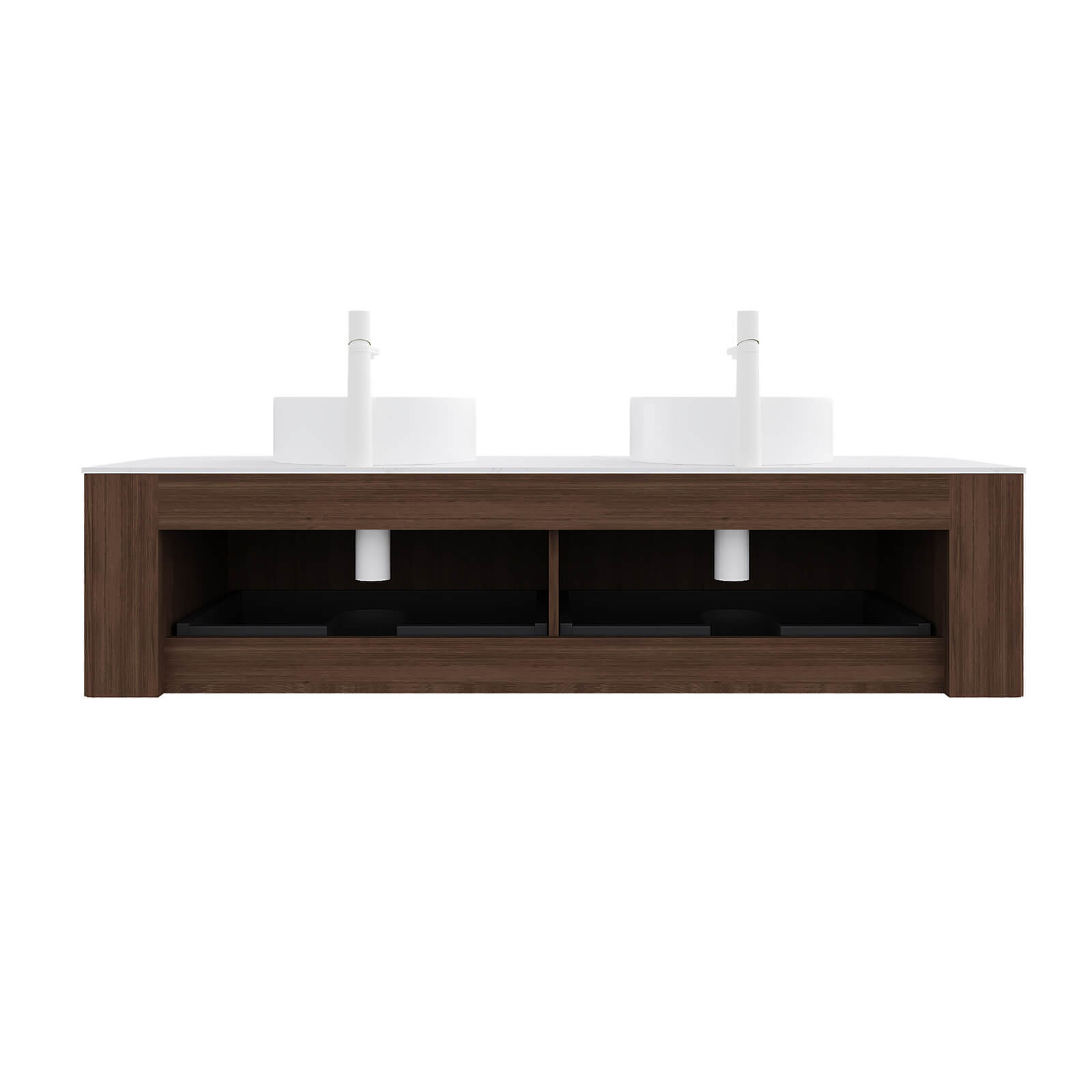 elegant floating vanity in walnut with ceramic vessel sinks
