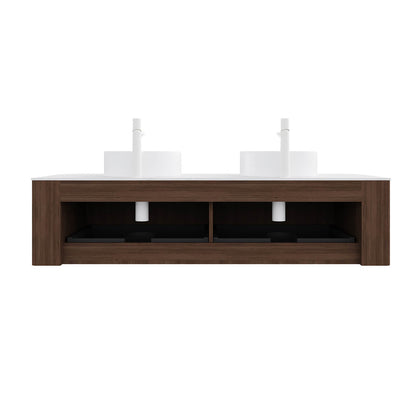 elegant floating vanity in walnut with ceramic vessel sinks