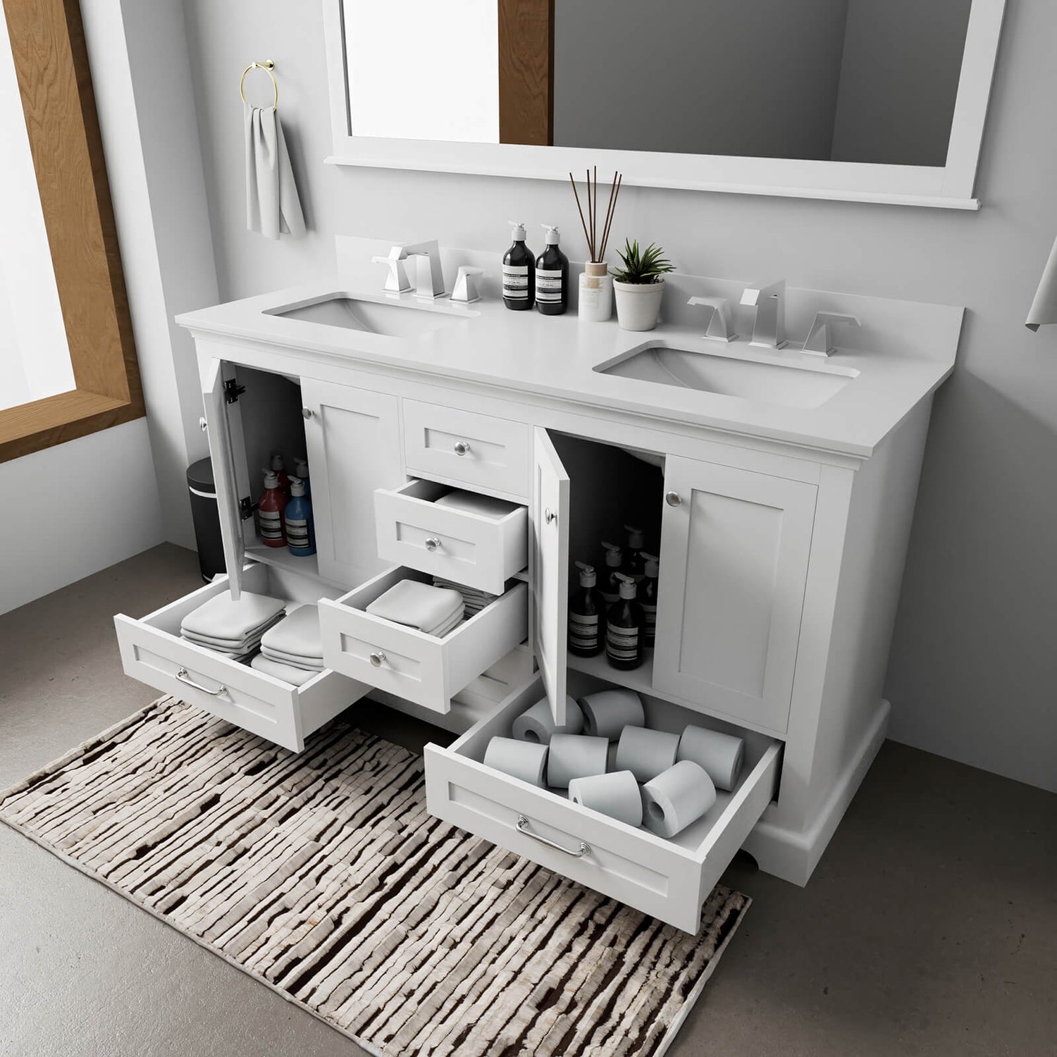 elegant white vanity cabinet with dual sinks and storage drawers