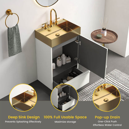 elegant striped white bathroom vanity with brushed gold sink luxury accent
