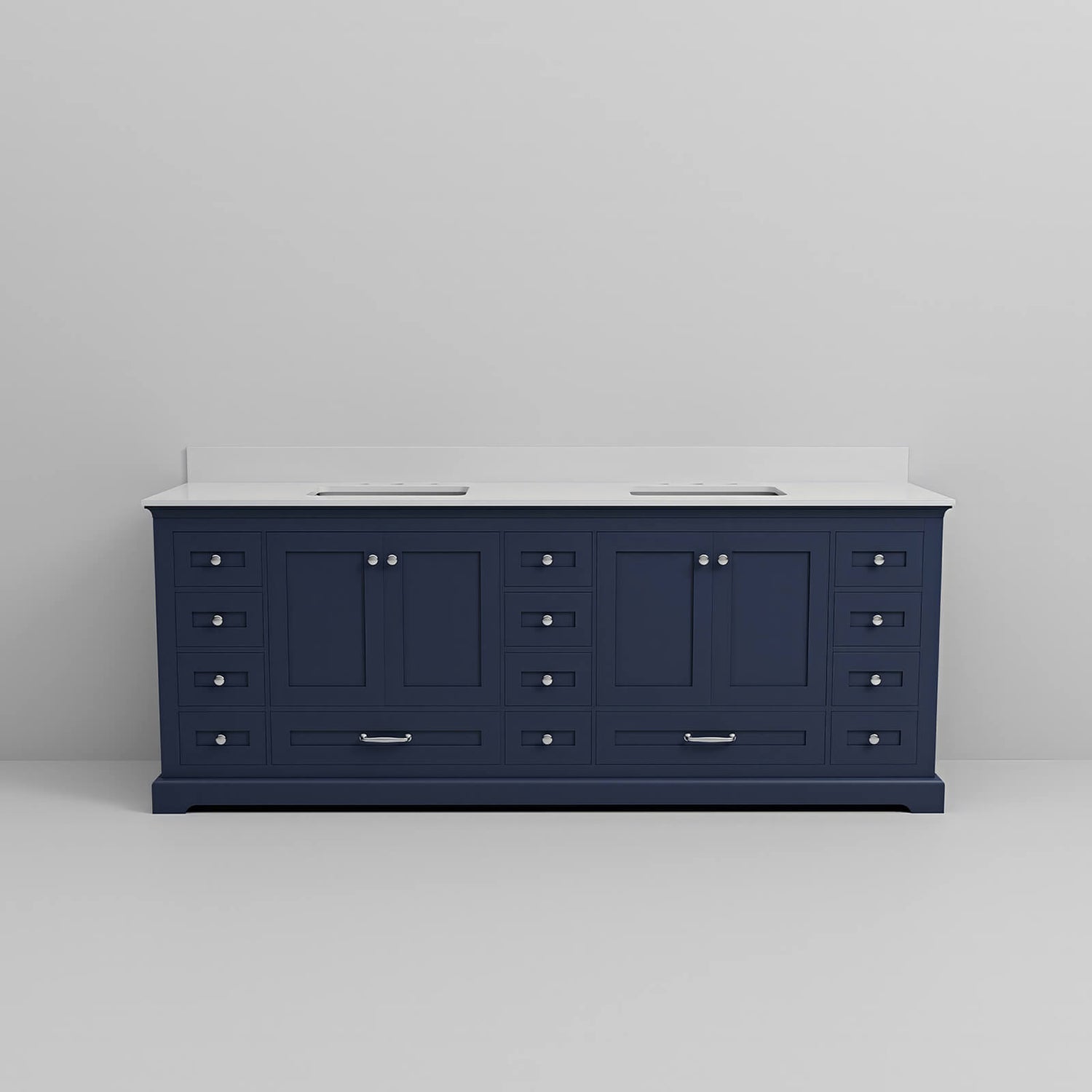 engineered marble top double vanity with rich navy blue cabinets
