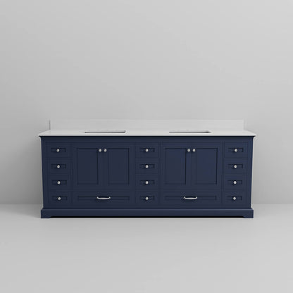 engineered marble top double vanity with rich navy blue cabinets