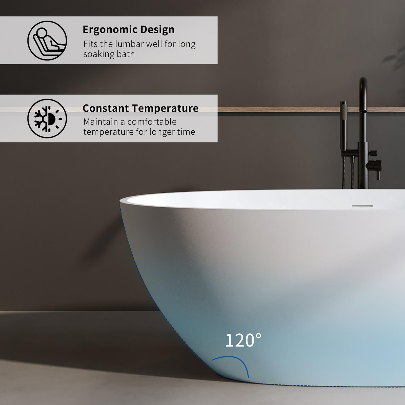 ergonomic freestanding tub with 120 degree backrest support