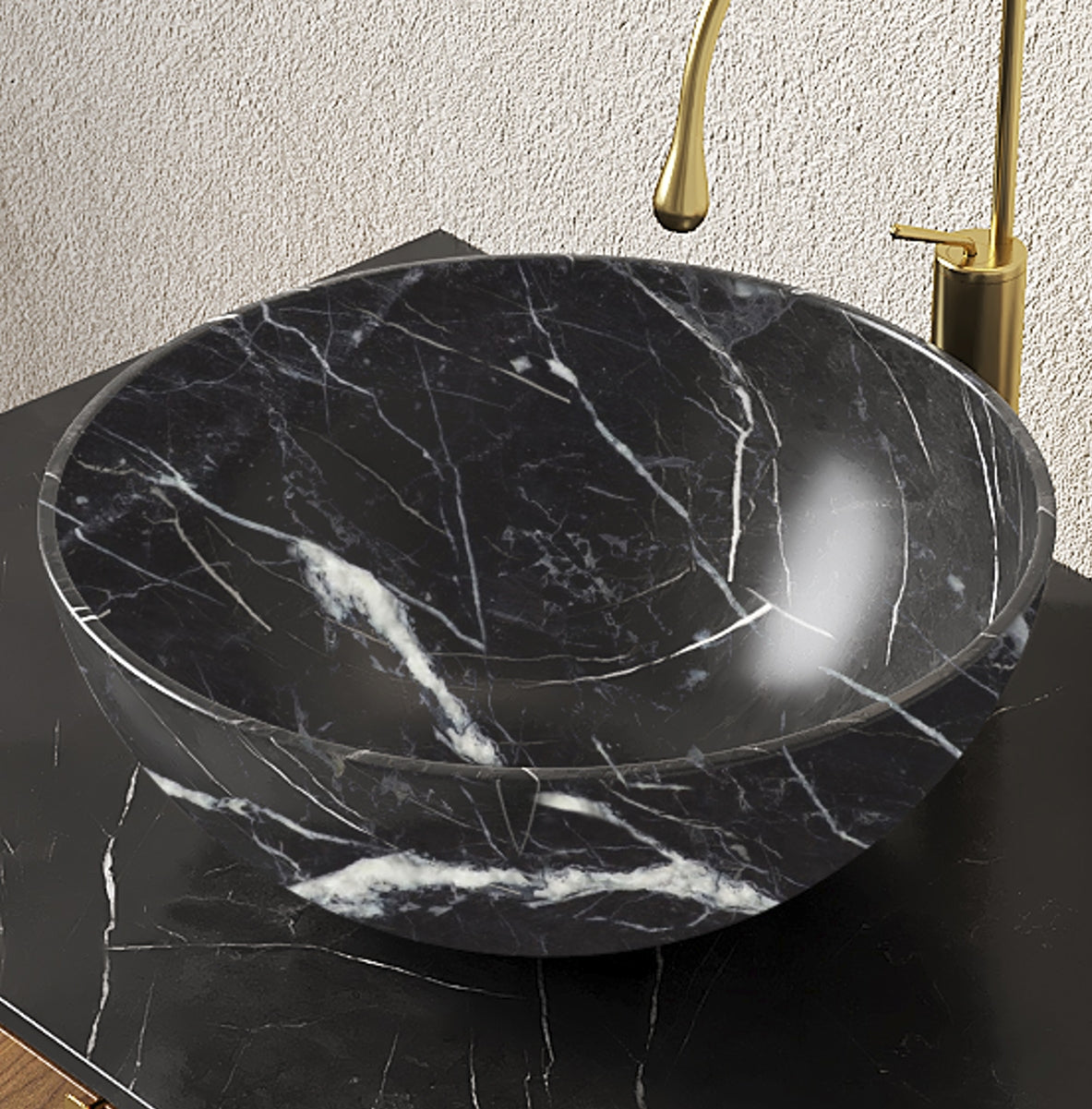 Black Bowl Ceramic Above-Counter Vessel Sink with Stone Pattern detailed stone pattern bowl shape