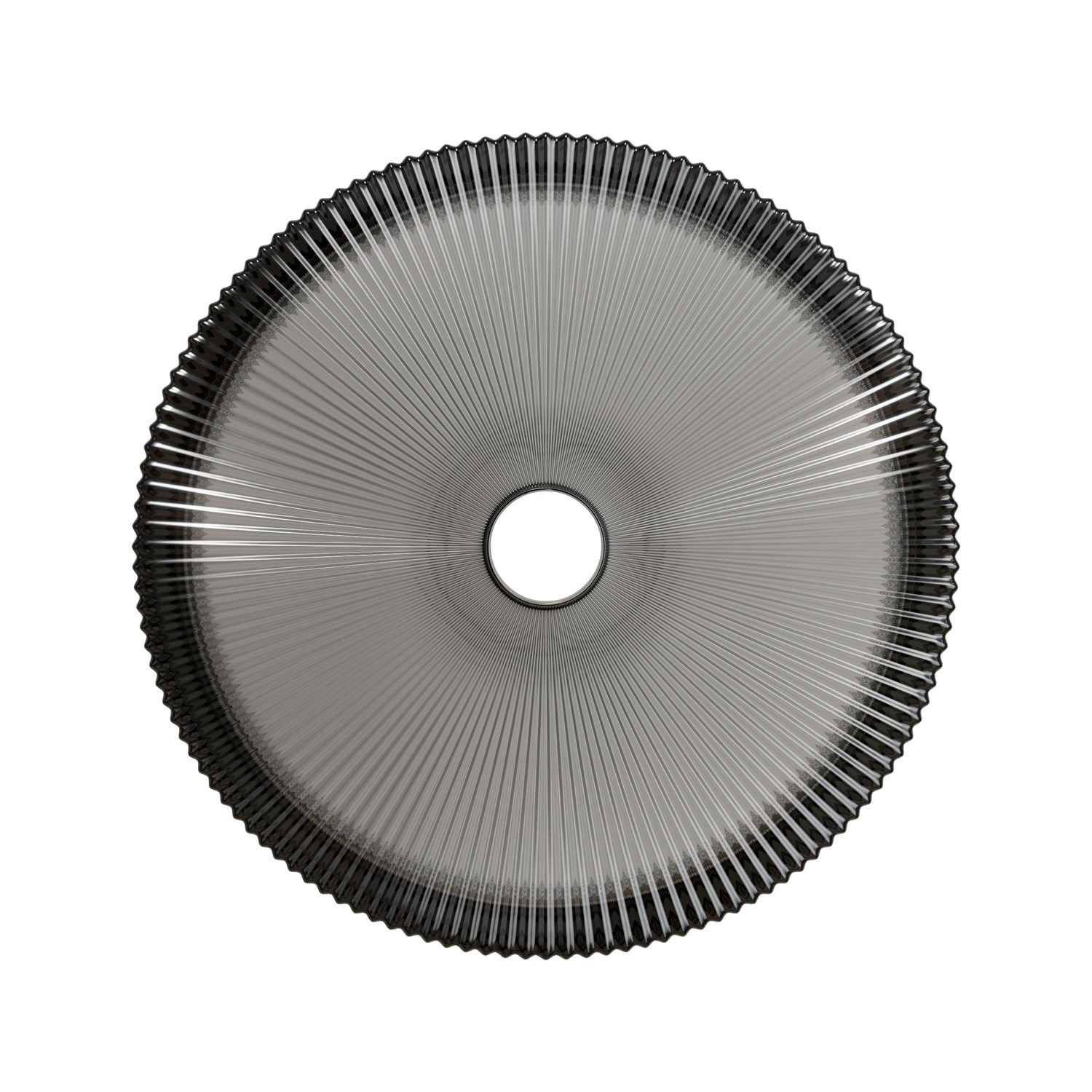 Round Transparent Black Crystal Glass Above-Counter Vessel Sink top view radial ribbed pattern centered drain hole