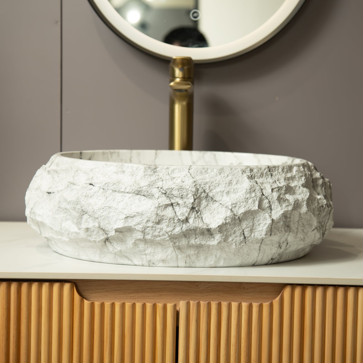 Ivory Stone Pattern Resin Vessel Bathroom Sink above-counter mounted oval basin rock-like exterior ivory stone pattern