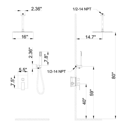 16&quot; Ceiling Mount Square Shower Set with Head Shower &amp; Hand Shower Combo Set