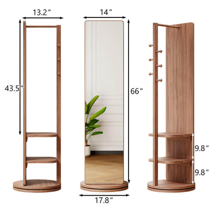 66"x14" Walnut 360° Rotating Full Length Mirror with Hooks, Solid Wood Coat Rack