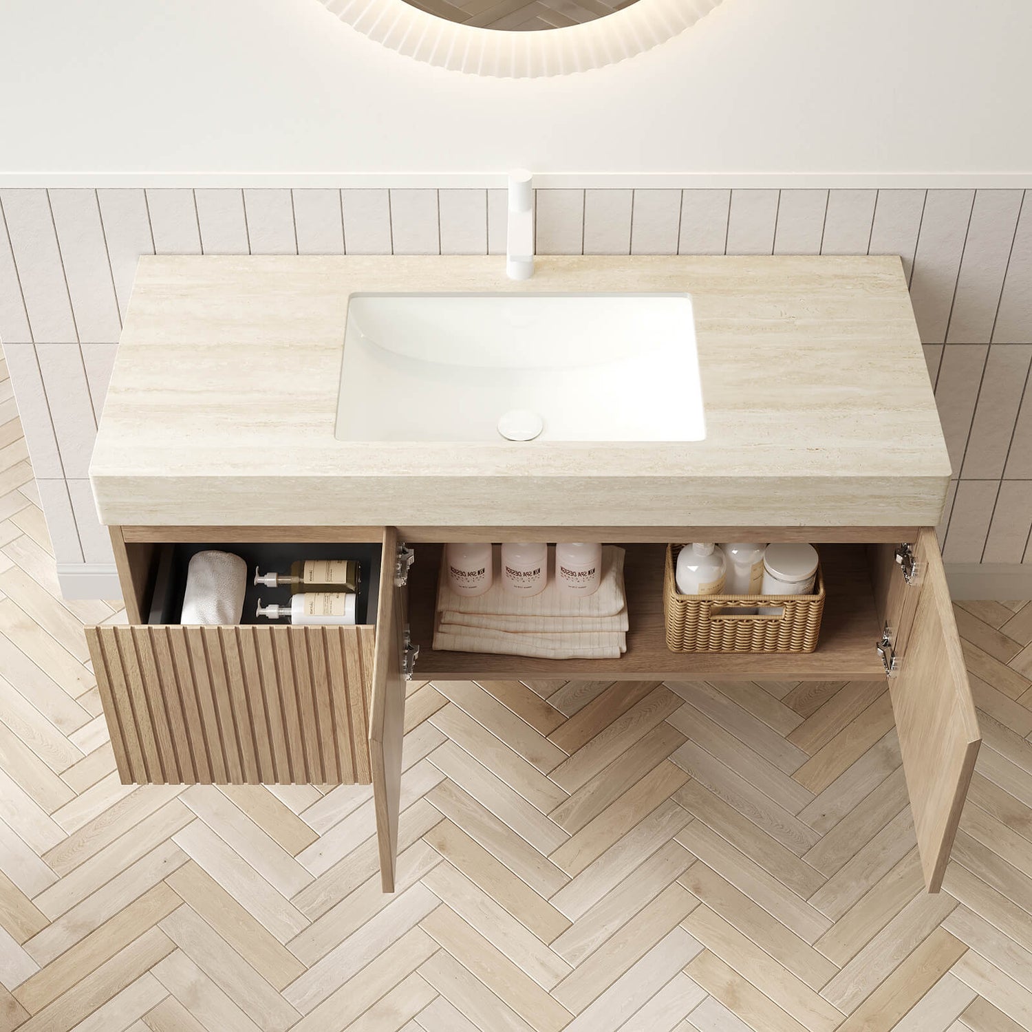 floating vanity in white oak finish with ceramic sink