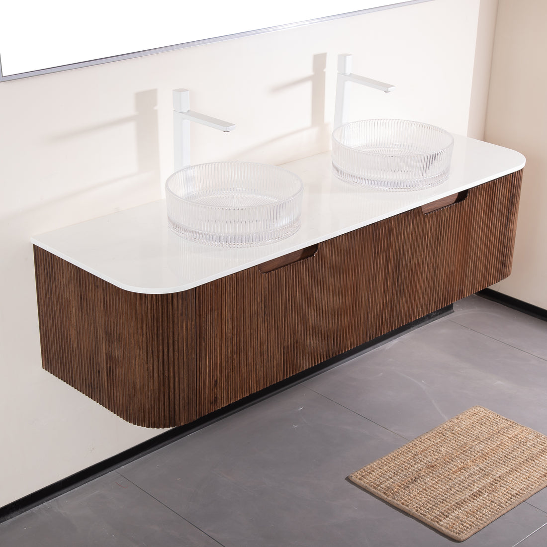 floating walnut vanity with dual round glass basins