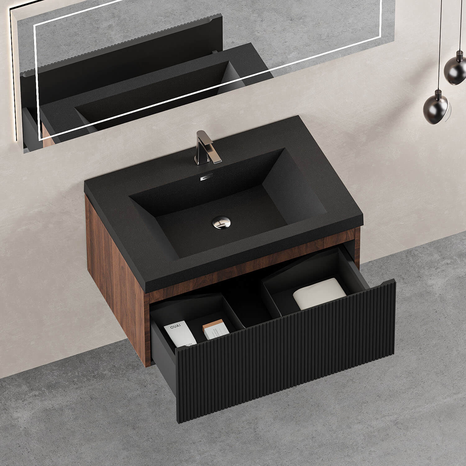 floating bathroom vanity with fluted front panel and quartz sink