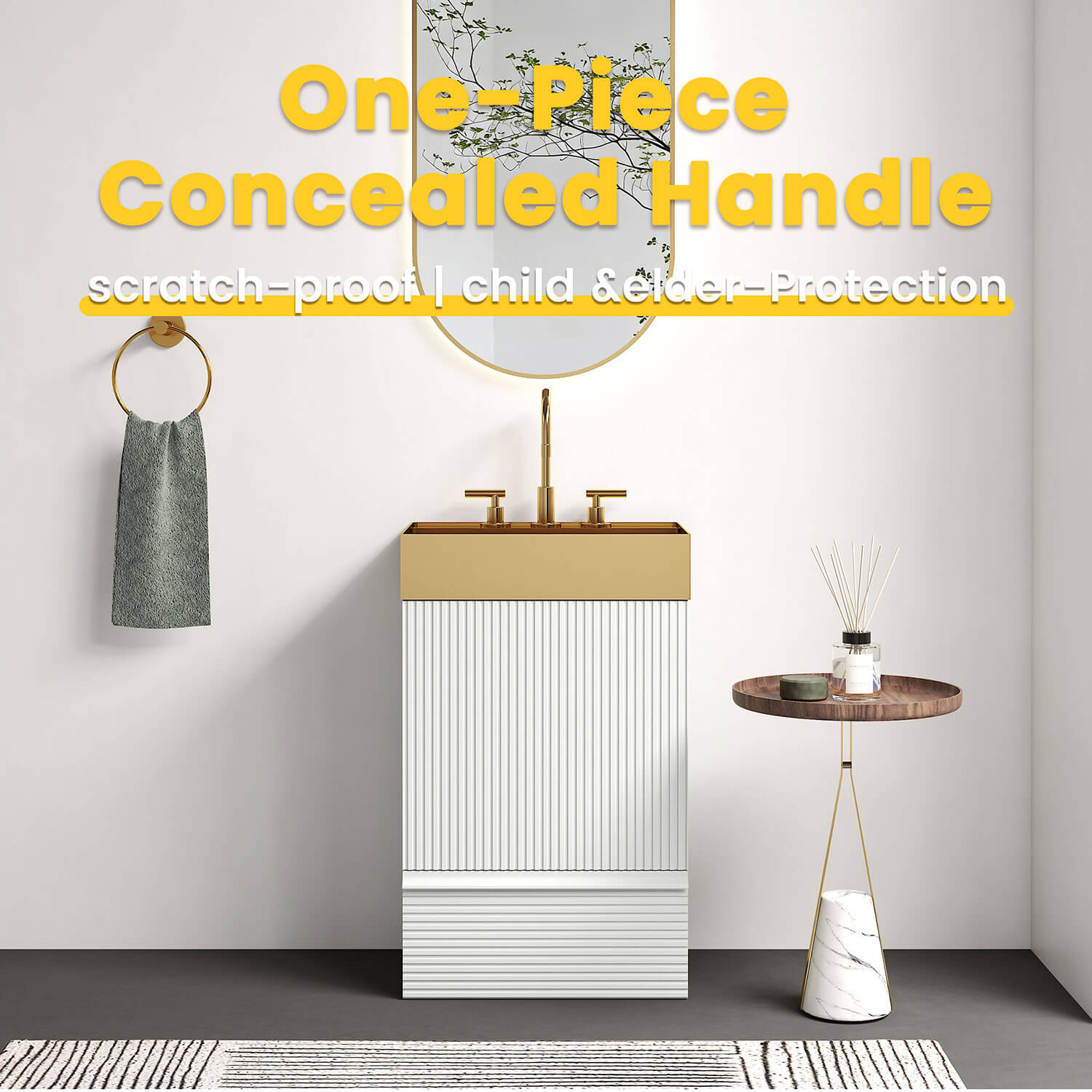 fluted striped white bathroom vanity with handleless design