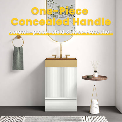 fluted striped white bathroom vanity with handleless design