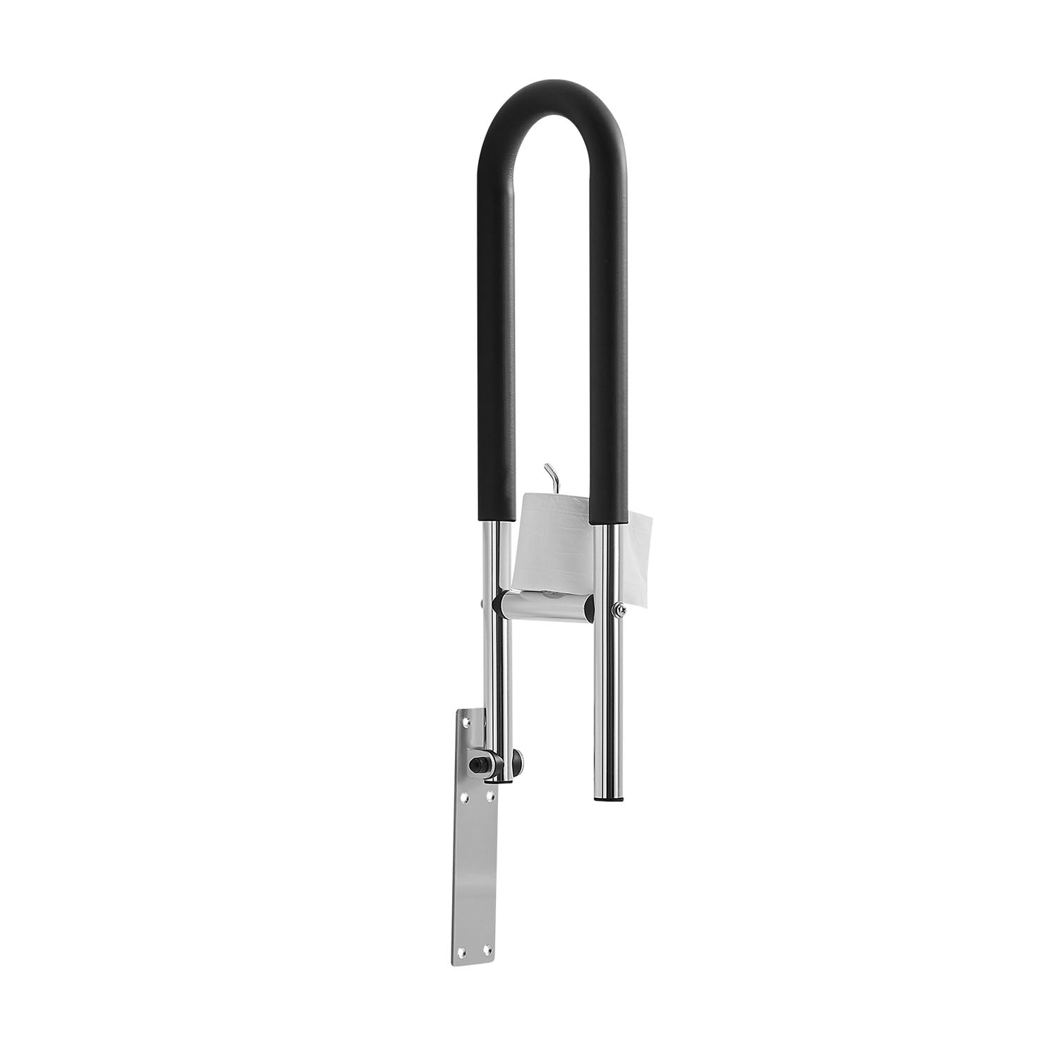 folding toilet grab bar with upward folding design for space saving bathroom use