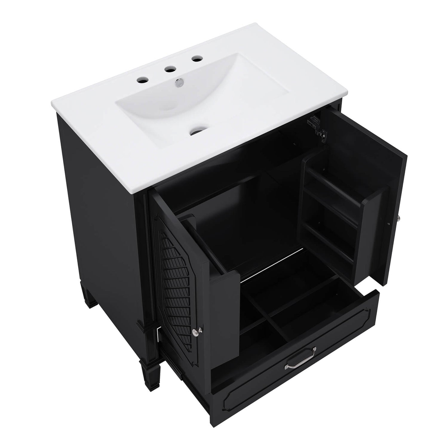 freestanding black bathroom vanity with soft close double doors