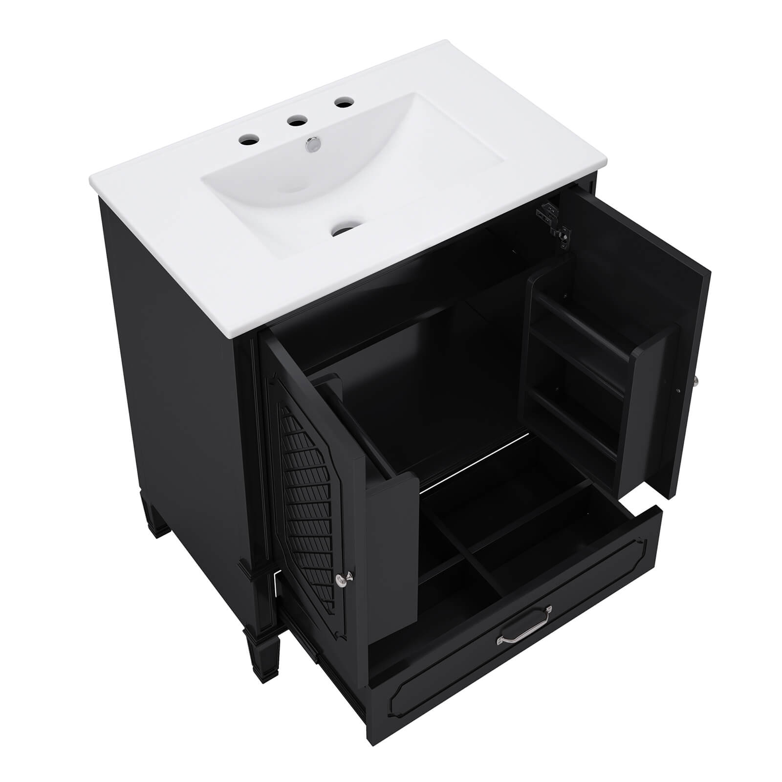 freestanding black bathroom vanity with soft close double doors