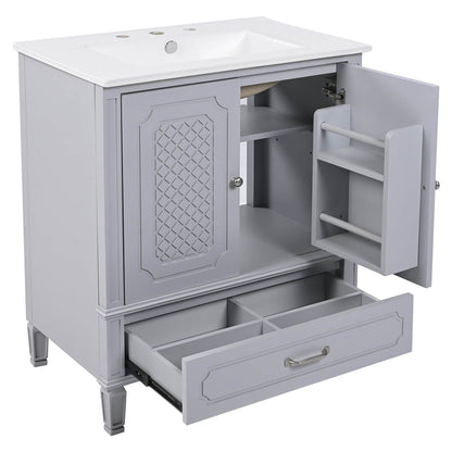 freestanding gray vanity with soft close doors and elegant style