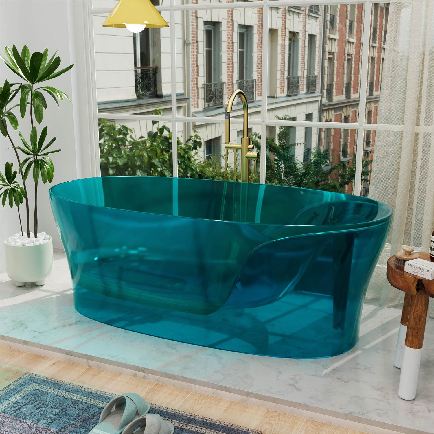 freestanding teal resin bathtub with ergonomic design