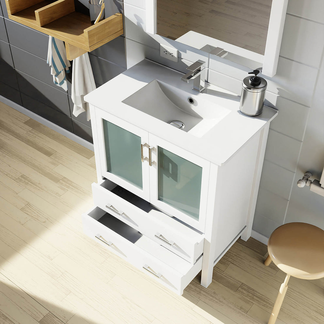 freestanding white vanity cabinet with drawer and sink top