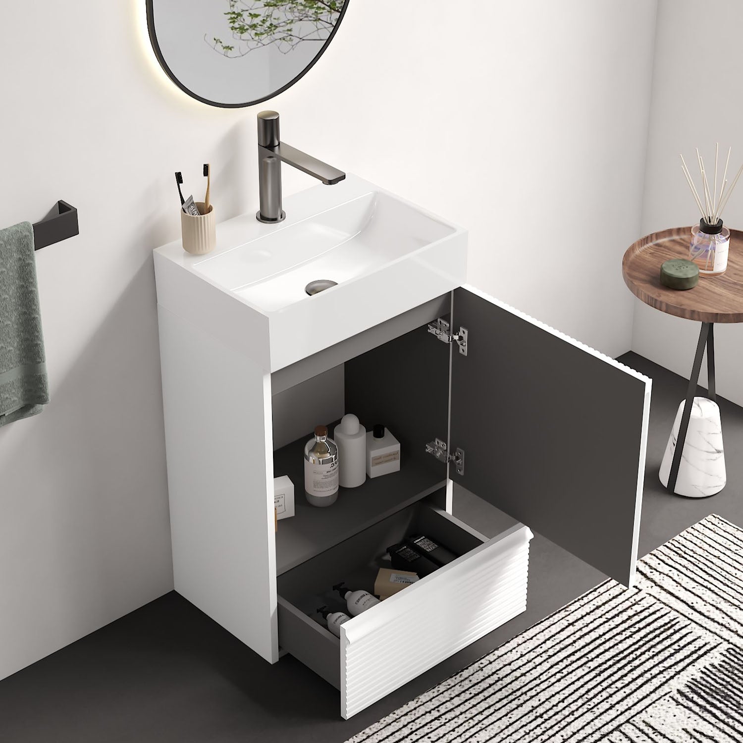 freestanding 20 inch bathroom vanity with one door and one drawer storage