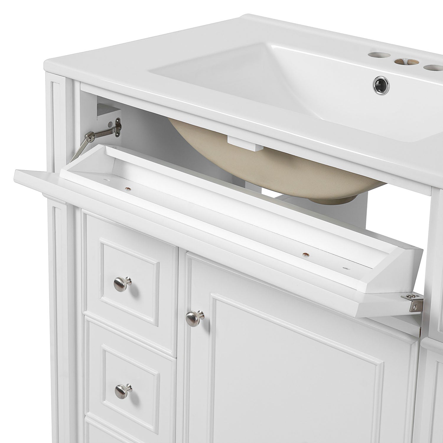 freestanding 30 inch vanity with a tip-out compartment
