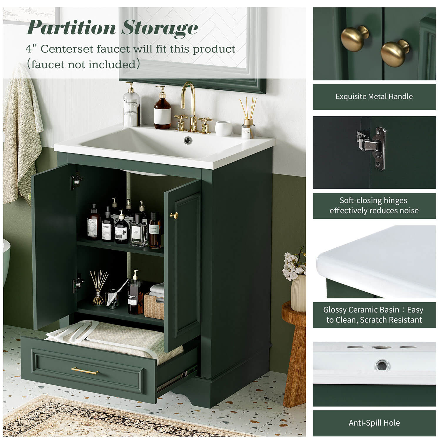 freestanding bathroom cabinet in deep green with functional storage