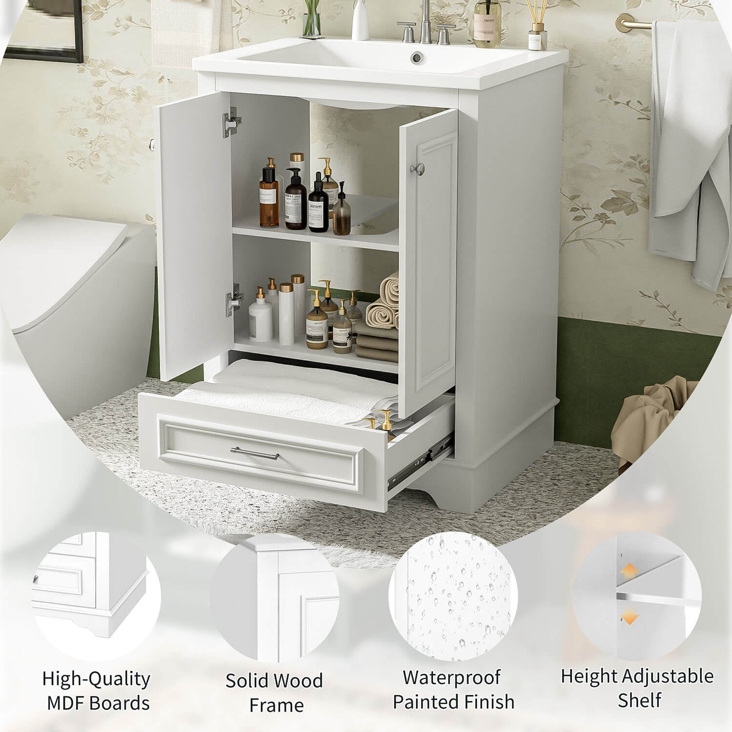 freestanding bathroom vanity featuring solid wood frame and MDF construction