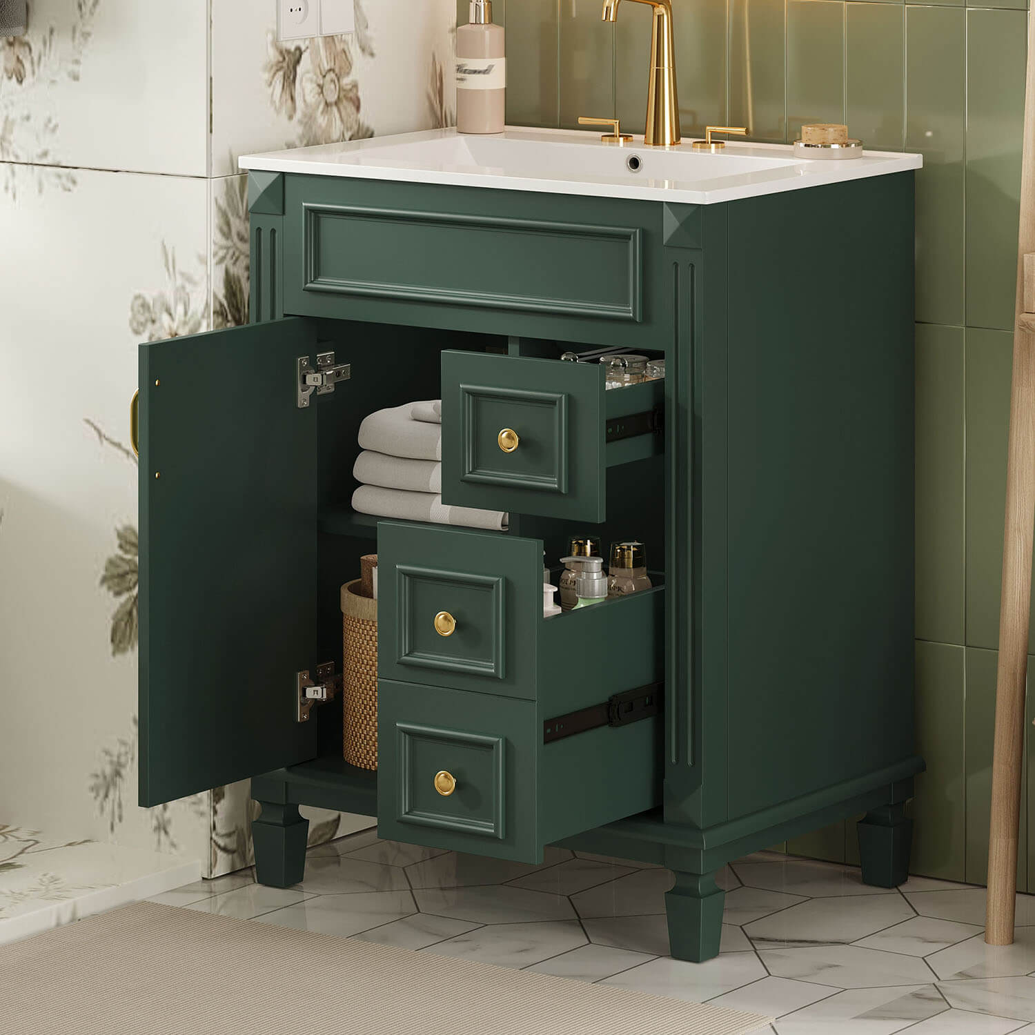 freestanding bathroom vanity with deep drawers and ceramic sink