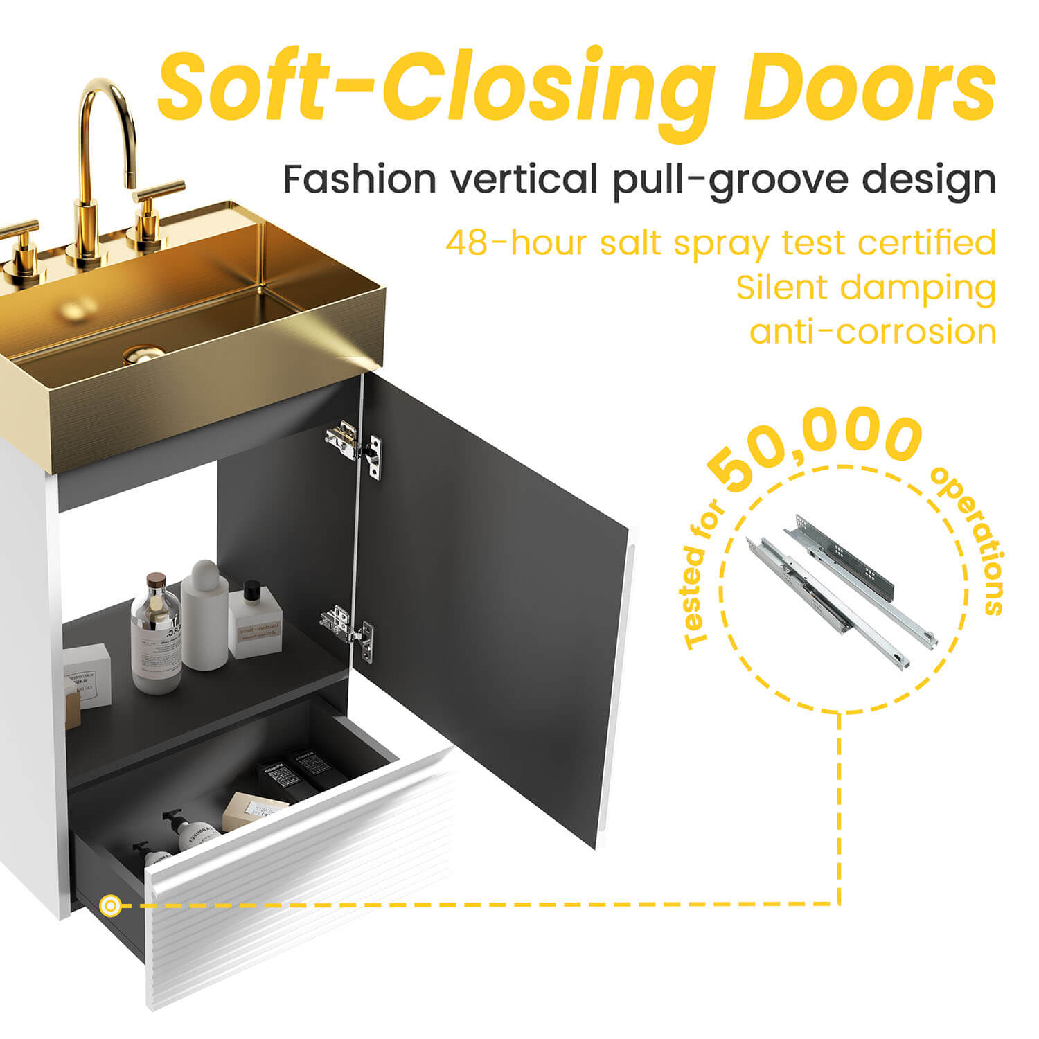 freestanding bathroom vanity with soft close door and drawer system