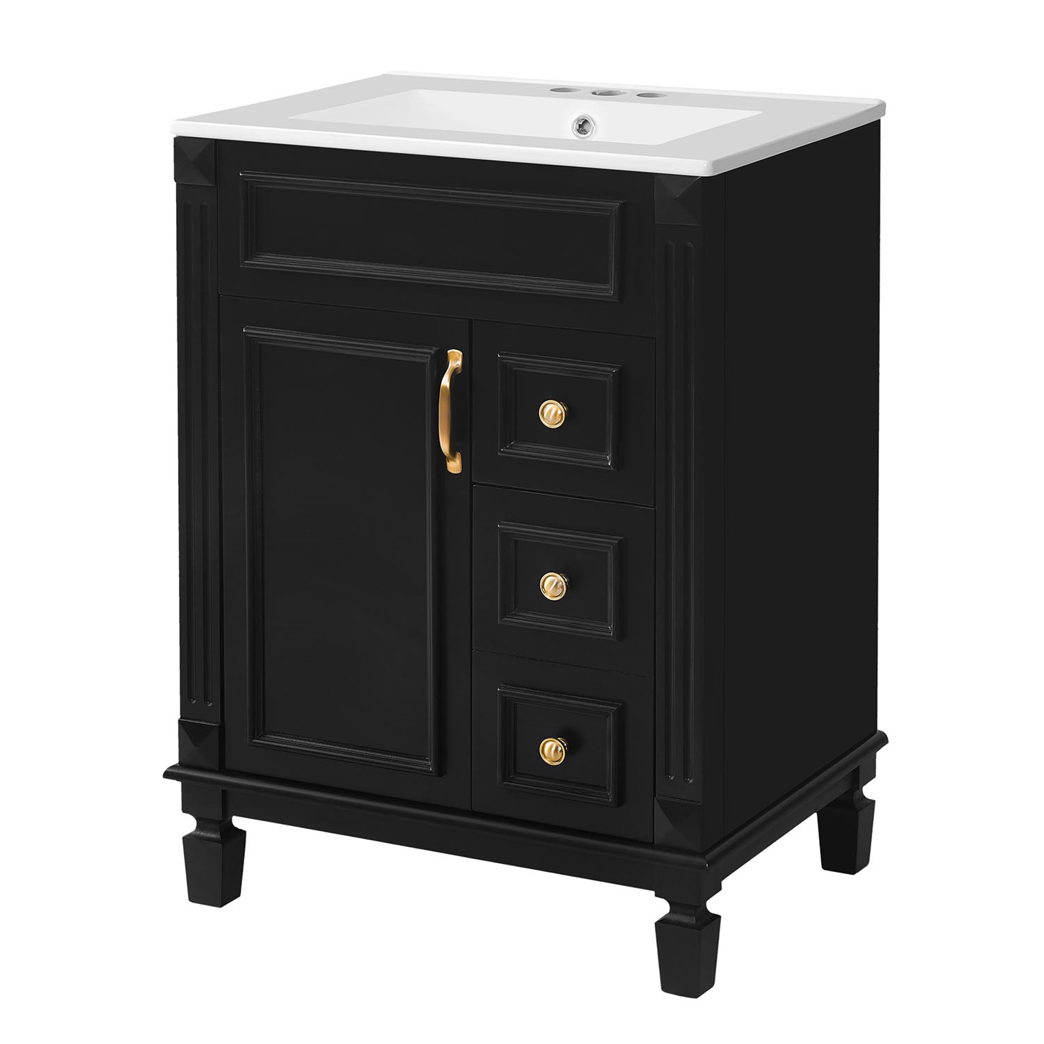freestanding black bathroom vanity with smooth ceramic sink