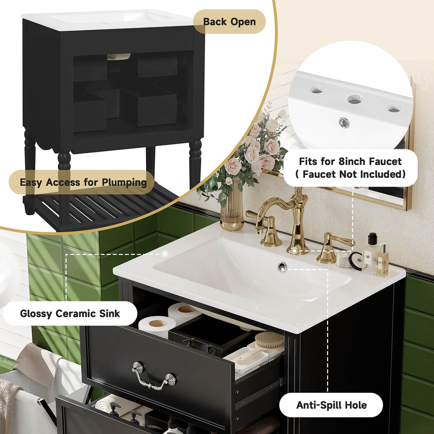freestanding black vanity cabinet with ceramic basin