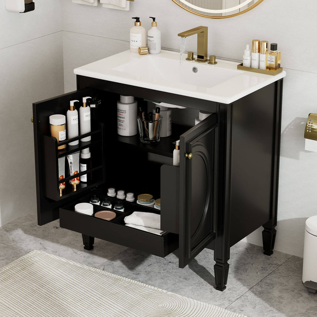 freestanding black vanity cabinet with ceramic basin and storage
