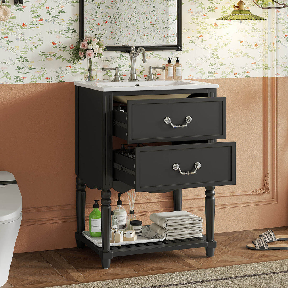 freestanding black vanity cabinet with ceramic basin and two drawers