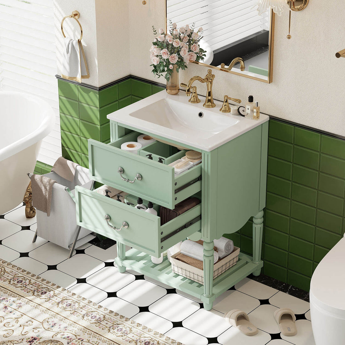 freestanding green vanity cabinet with ceramic basin and open shelf