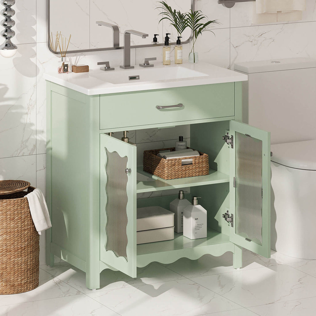 freestanding light green vanity cabinet with ceramic basin and storage
